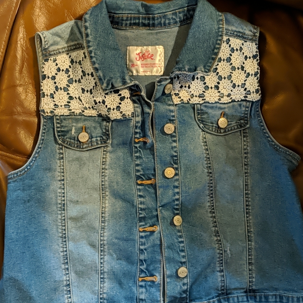 Justice 20 plus denim vest with lace accent